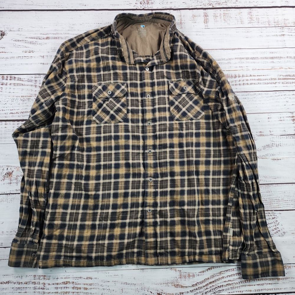 Kuhl Dillingr Flannel Shirt Men's XXL Tan Black Plaid Cotton Tencel Pockets 7186